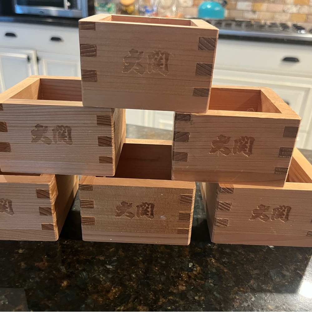 Traditional Natural Wood Sake Masu Cups - Set of 6